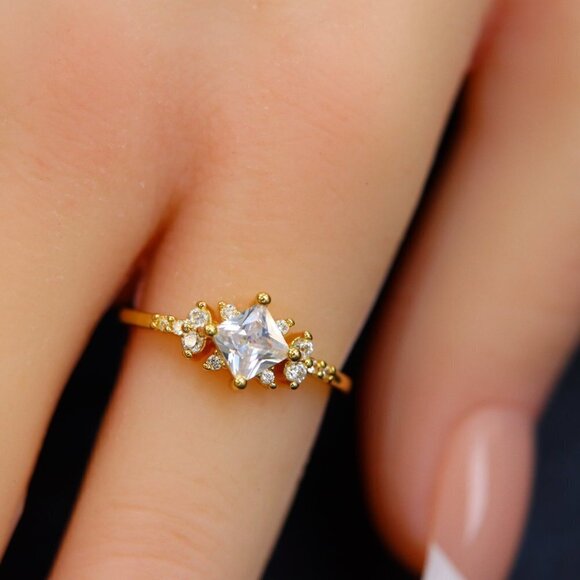 Noble Square Flower Gold Plated Princess Ring for Women, GALCM074-6 - Picture 7 of 8